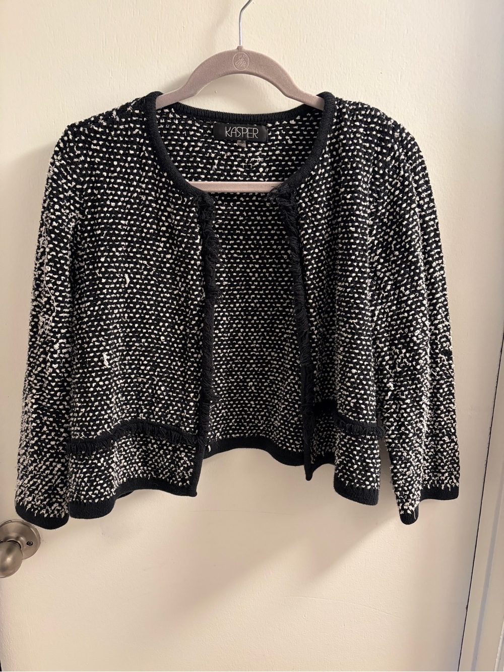 Kasper Black White Tweed Open Front Fringe Trim Cardigan Jacket Size PM